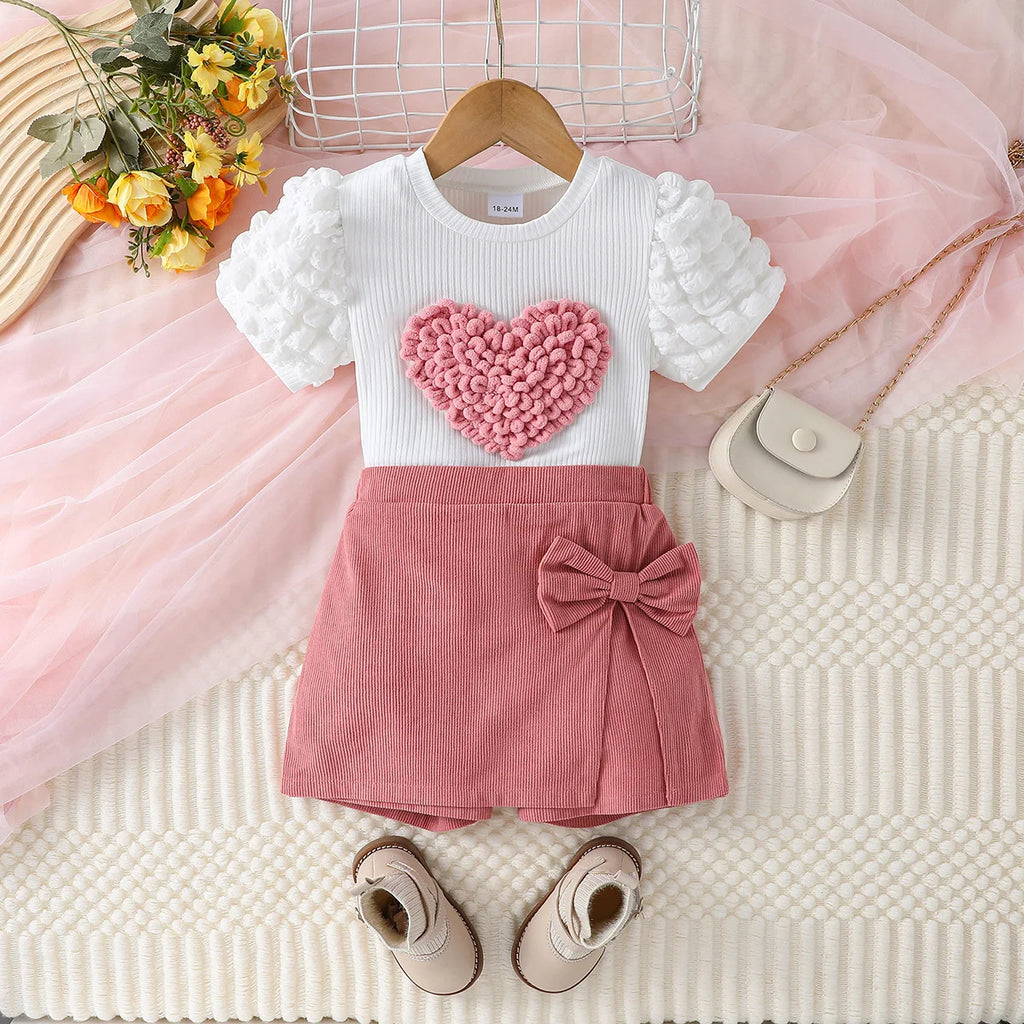 Toddler Girl Summer Fashion Casual Clothes Top With Heart Puff Sleeve &Pink Short Pant With Bow Active Clothing Set For 1-6Y