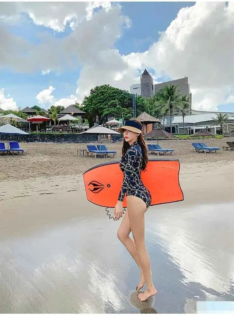 Style Diving Sun Protection Long-sleeved One-piece Ins Slimming Belly-covering Conservative Swimsuit for Women Jellyfish Suit