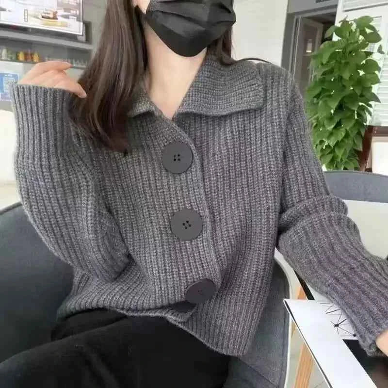Temperament Fashion Sping Autumn New Sweaters Coats New Women Solid Lapel Button Korean Casual Long Sleeve Cardigan Knitted Tops