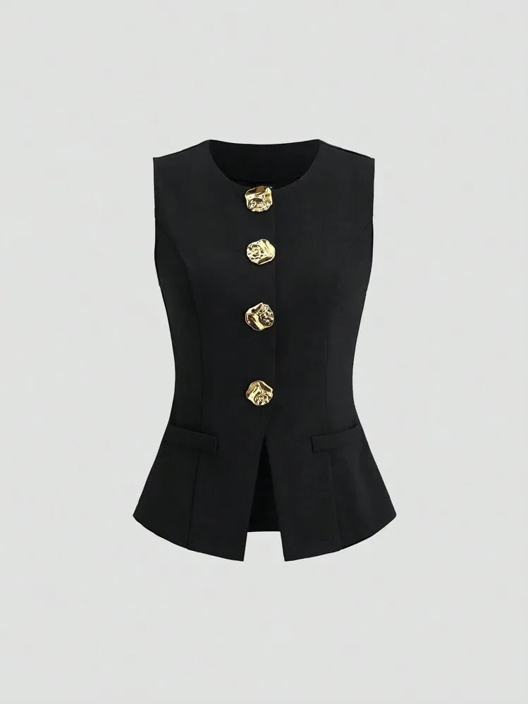 Fashionable Little Fragrance Style Women's Sleeveless round Neck Vest Waist-Cinching Pure Color Cross-Border Women's Jacket