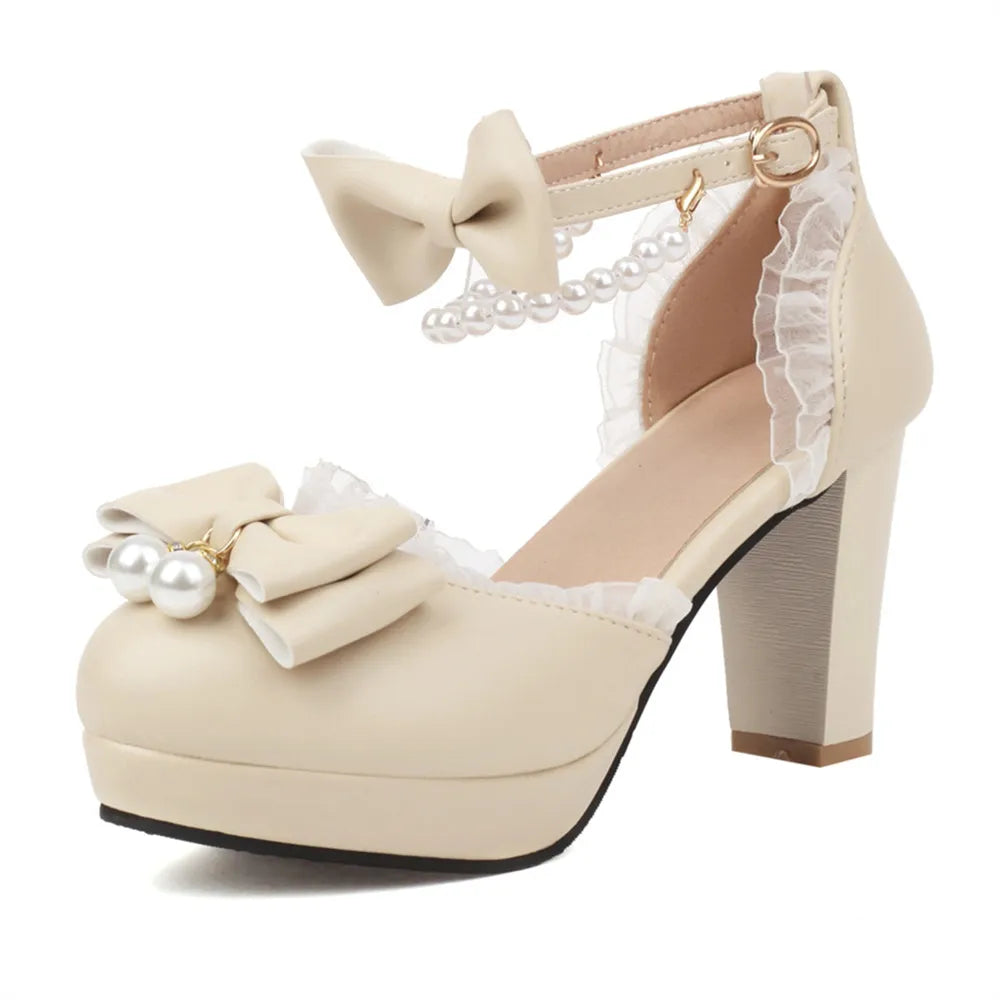 Spring Pearl Ankle Strap Women High Heels Mary Jane Pumps Party Wedding Cosplay White Pink Bow Princess High-heeled Lolita Shoes