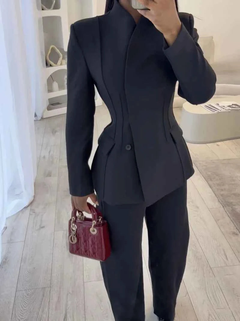 ETJ 2025 women's new fashion design three-dimensional cut high collar slim suit jacket & matching casual trousers
