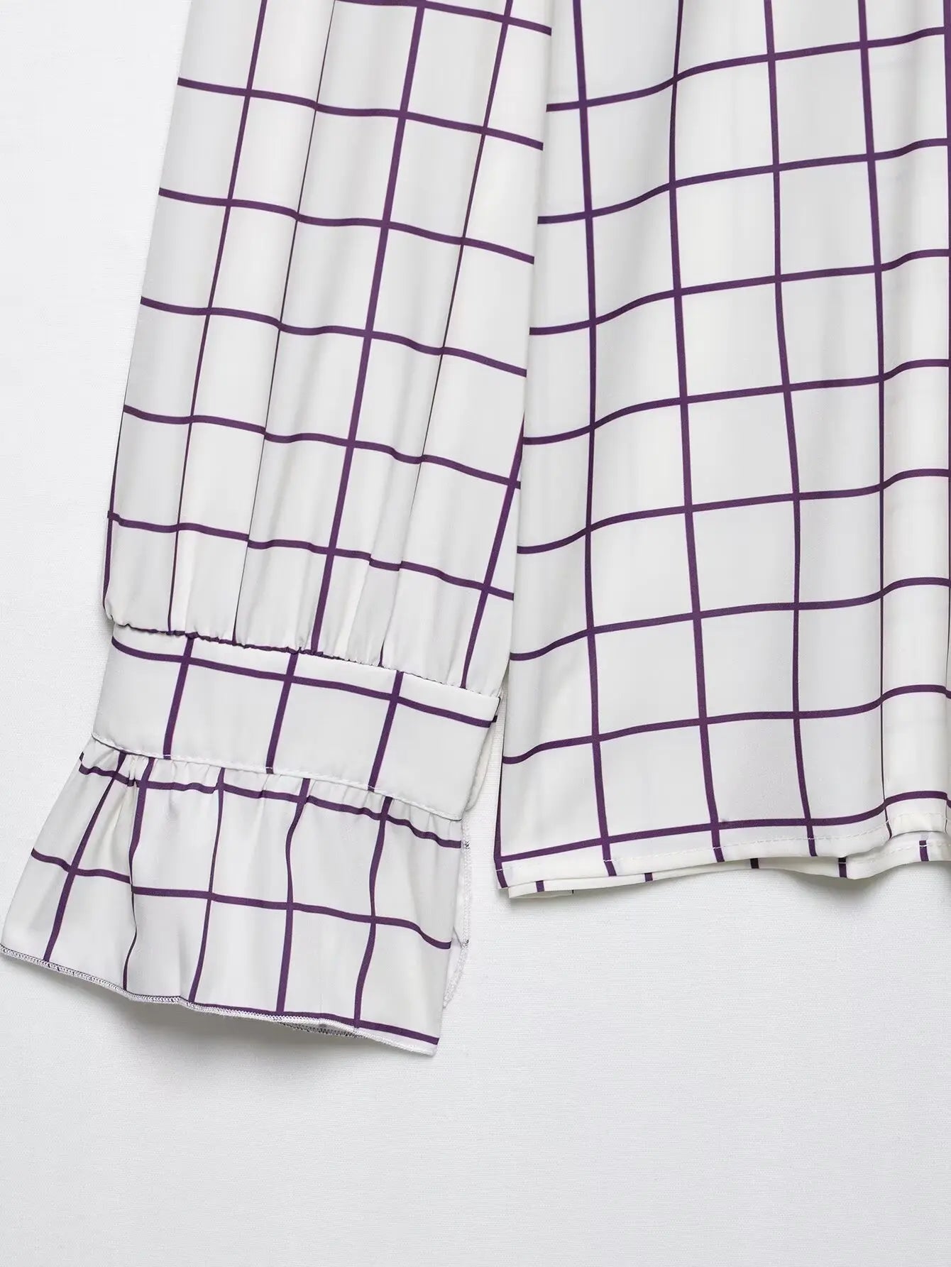 Sweet Women Ruffles Plaid Purple Shirts 2025 Fashion Ladies Casual Stand Collar Blouses for Party Female Elegant Tops Clothes