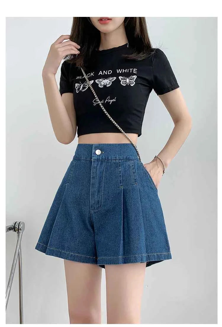DFRCAEG 2024 Summer Plus Size Denim Shorts For Women High Elastic Waist Blue Or Sky Blue Pleated Mini Large Size Short Femme