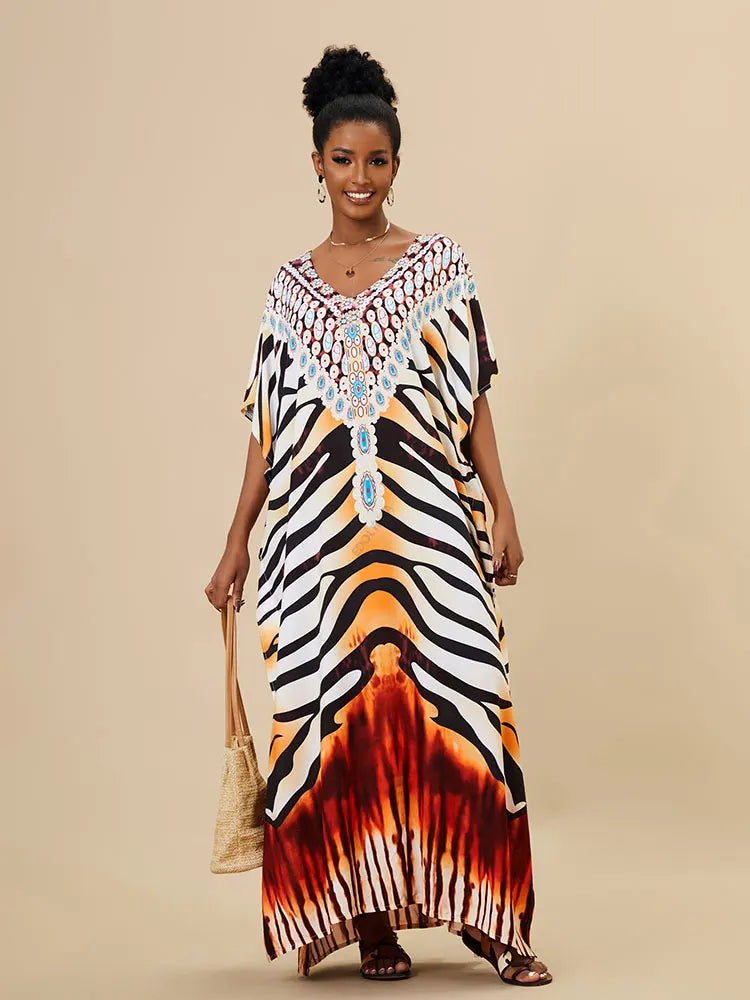 EDOLYNSA 2023 Bohemian Printed Loose Kaftan Casual Summer Vacation Maxi Dress Women Clothing Beach Wear Swim Suit Cover Up Q1469
