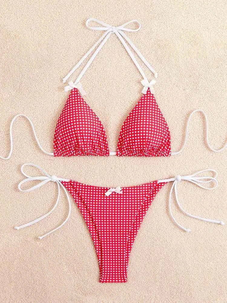 Circyy 2026 Bathing Suit Women Plaid Dot Split Swimsuit Neck-mounted Bow Tie Beachwear Vintage Simple Two-piece Bikinis Summer