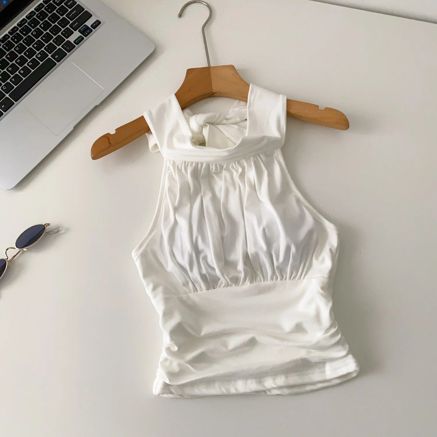 SINGREINY Office Lady Elastic Slim Tank Top Fashion Women Halter Sleeveless Lace Up Solid Short Camis Ruched Backless Sexy Top
