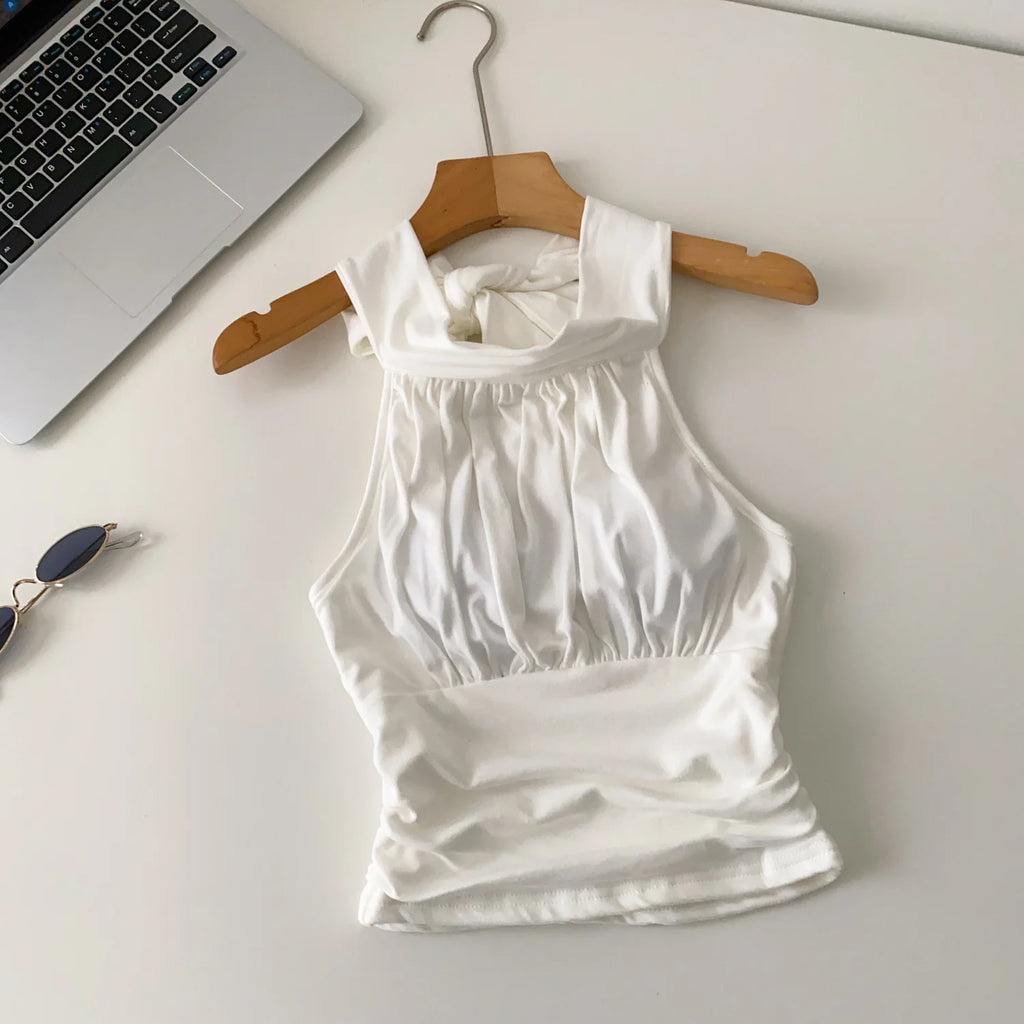 SINGREINY Office Lady Elastic Slim Tank Top Fashion Women Halter Sleeveless Lace Up Solid Short Camis Ruched Backless Sexy Top
