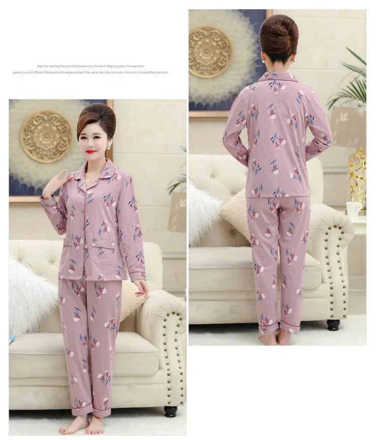 100% Pure Cotton Long Sleeve Sleepwear Set for Elderly Women Spring Summer Autumn Home Clothes Outwear Comfortable Home Suit