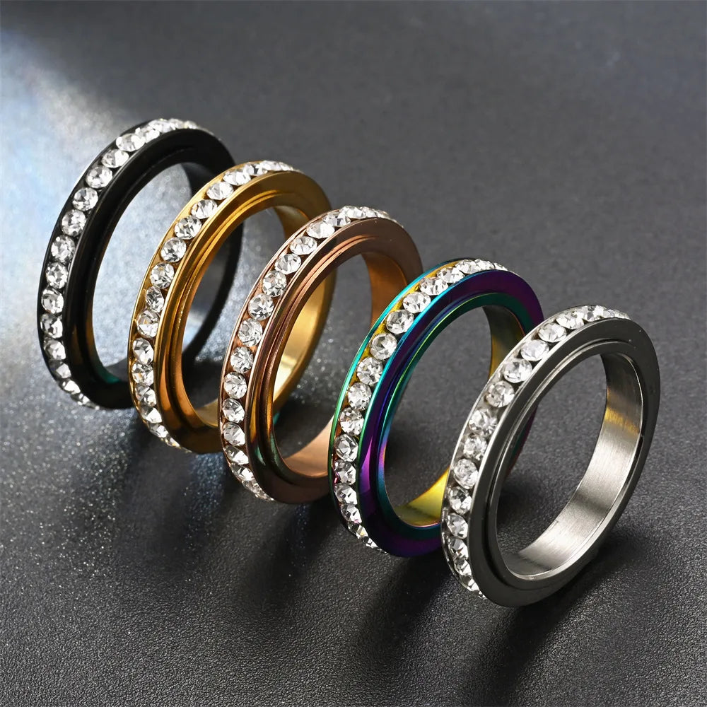 4MM Spinner Finger Rings For Women Crystal Rotatable Wedding Stainless Steel Ring Men Korean Anniversary Party Jewelry