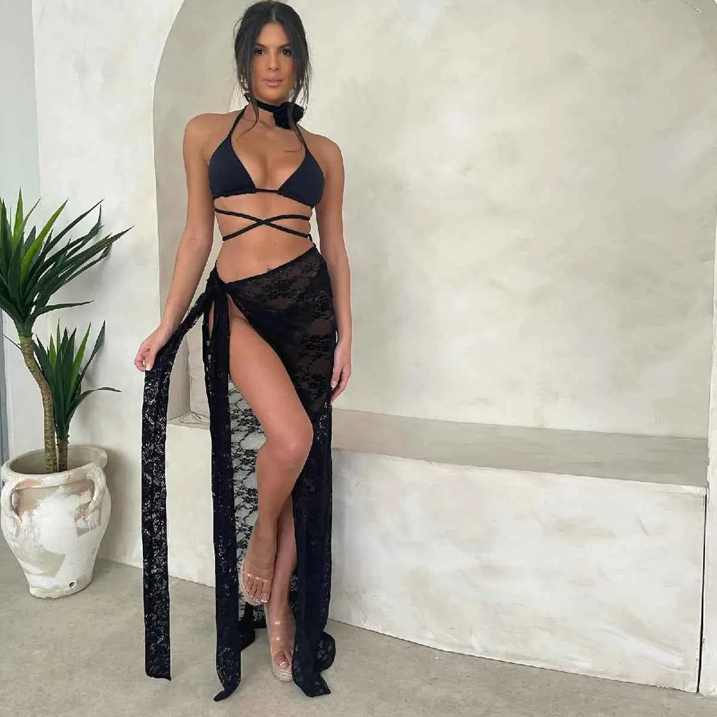3pcs Swimsuit Sexy Bikinis 2025 Women Swimwear Crochet Dress Off Shoulder Ruffle Swim Suit Bathingsuit Beachwear Bandeau Biquini