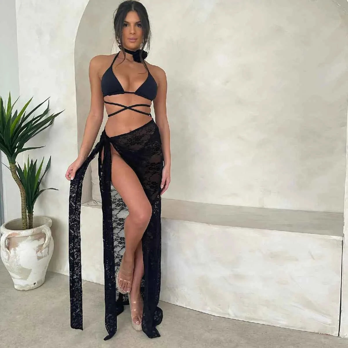 3pcs Swimsuit Sexy Bikinis 2025 Women Swimwear Crochet Dress Off Shoulder Ruffle Swim Suit Bathingsuit Beachwear Bandeau Biquini