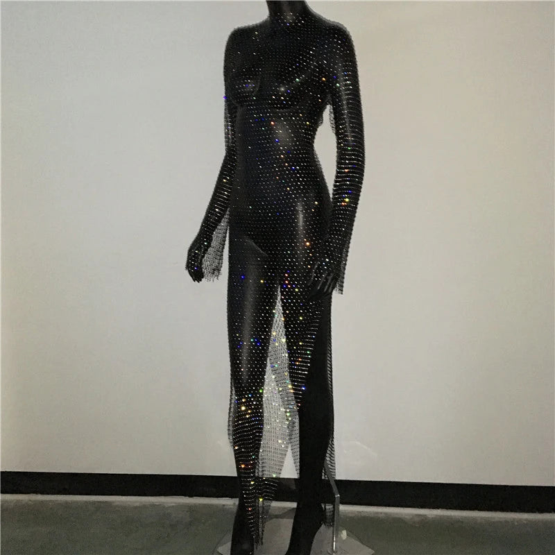 Y2K Sexy Shiny Rhinestones Grid Fishnet Dress Long Sleeve Hollow Out Side Slit Dress Beach Cover Up Breathable Lady Vestidos