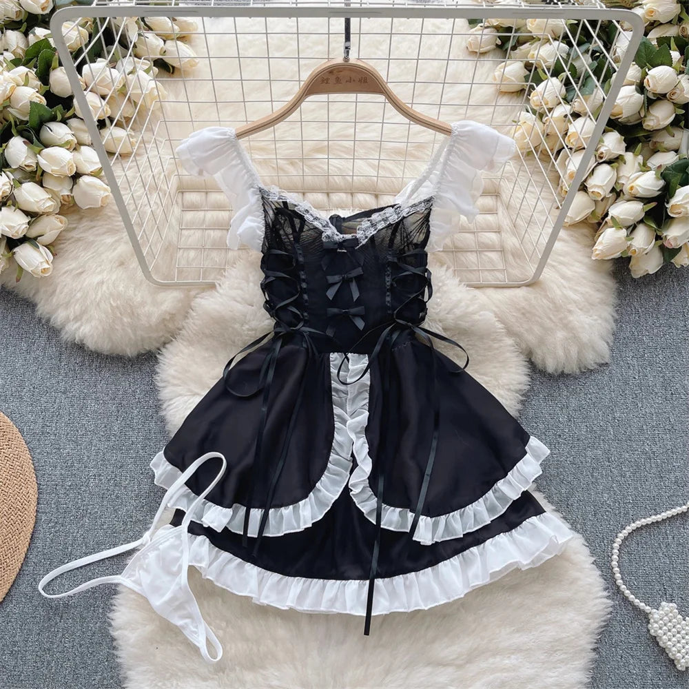 Summer Girls Sexy Hot Sweet Transparent Suspender Mini Dress Women Elastic Waist And Backless Strap Lolita Pajamas Bubble Skirt