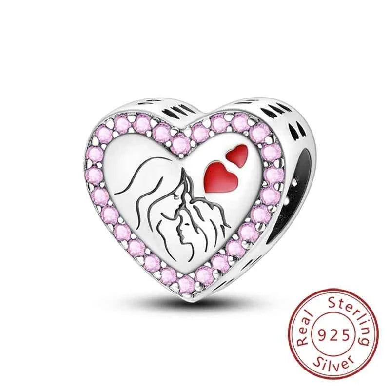 Original 925 Sterling Silver Charm Bead Mother's Day Love Heart Family Charm Bead Pendant Fits Bracelet Womens Jewelry Gifts