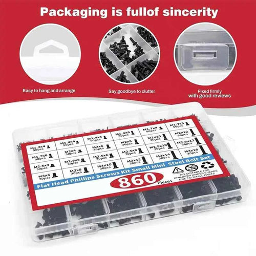 860 PCS Small Computer Screws Assortment Kit, Black Tiny Eyeglass Screws M1.2 M1.4 M1.7 M2 M2.5 M3, PC & Laptop SSD Hard Drive C