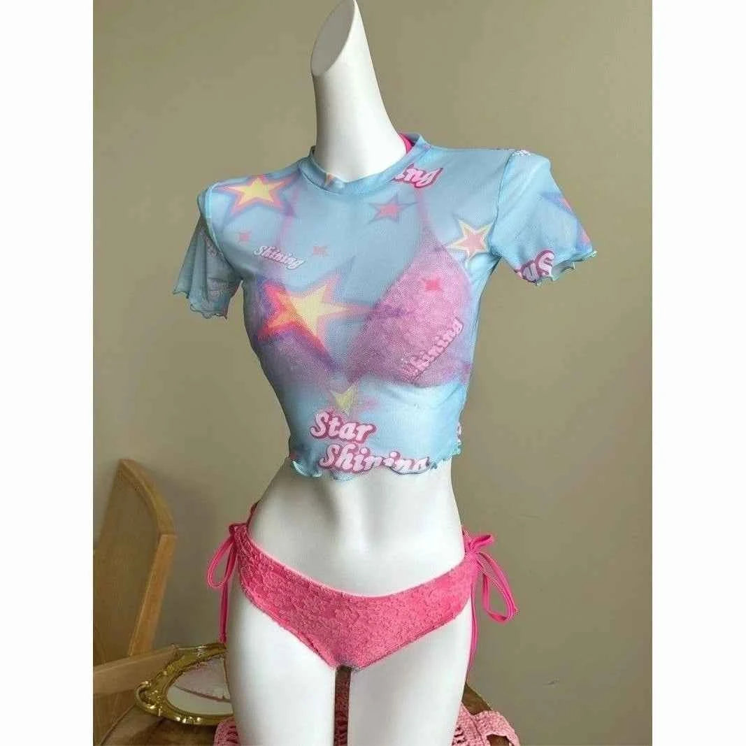 2026 Y2K Summer Sweet Pink White Dot Sets Lovely Cherry Decor Sexy Lace Trim Style Casual Bikini Swimsuit Beach Holiday Wear