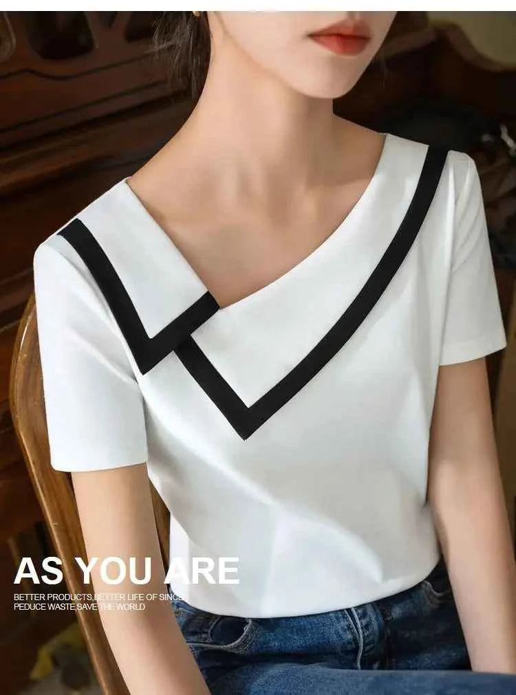 French Haute Couture Niche Design Black White Panelled Diagonal Neck Short Sleeved T-shirt Women's Patchwork Fashion Slim Top