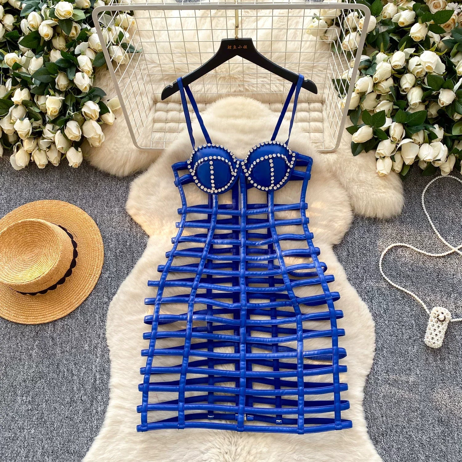 Vintage Hollow Out Elegant Rhinestone Chic Sleeveless Slim Straps Dresses Korean Fashion Evening Party Women Summer Clothing