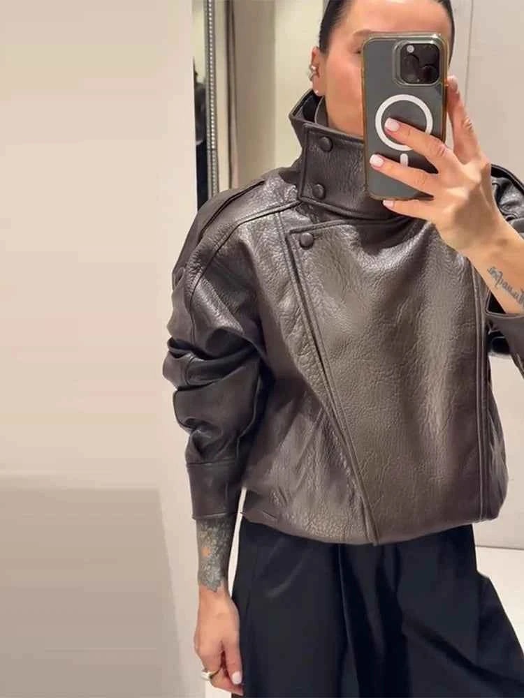 Vintage PU Leather Women's Jacket Stand Collar Zipper Button Coats Female Long Sleeve Outerwear Spring Lady Street Jackets