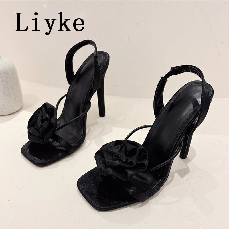 Liyke Summer Square Toe Slip On Back Strap Sandals Women Fashion Red Rose Flowers Designer High Heels Ladies Shoes Size 35-42