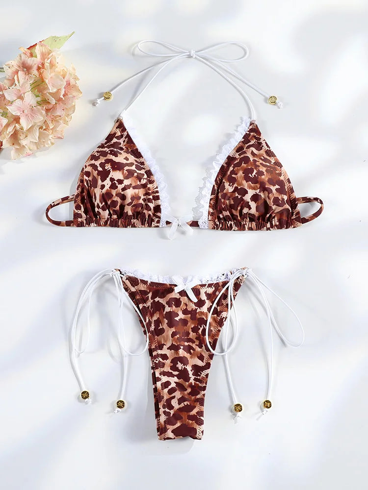 Sexy Bikinis Micro Thongs Swimsuit Women Bathing Suit Rings Biquini Bandage Beachwear Print Swimwear Sexy Bikini Sets With Chain