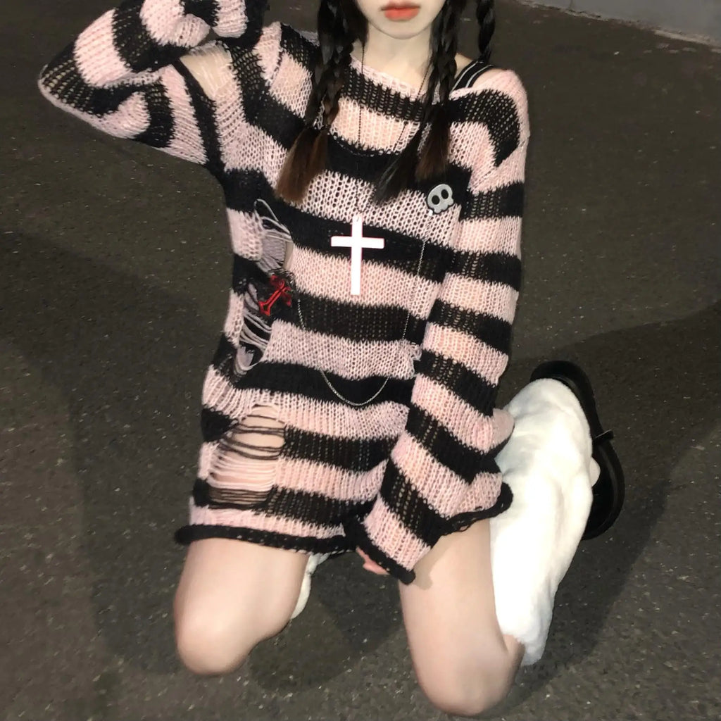Karrram Pink Striped Gothic Sweaters Women Ripped Holes Loose Knitted Pullover Frayed Fairy Grunge Jumpers Emo Streetwear Lolita