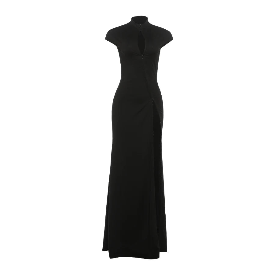 Kliou Sexy High Splits Solid Long Dress Woman Half High Collar Short Sleeve Hollow Design Midnight Club Party Elegant Vestidos
