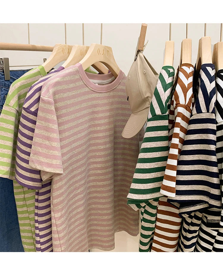Summer Short Sleeve Striped T-Shirts Versatile Women Knitted Basic Casual Tops Female Cozy Loose Cotton Tees 2023 Harajuku Shirt