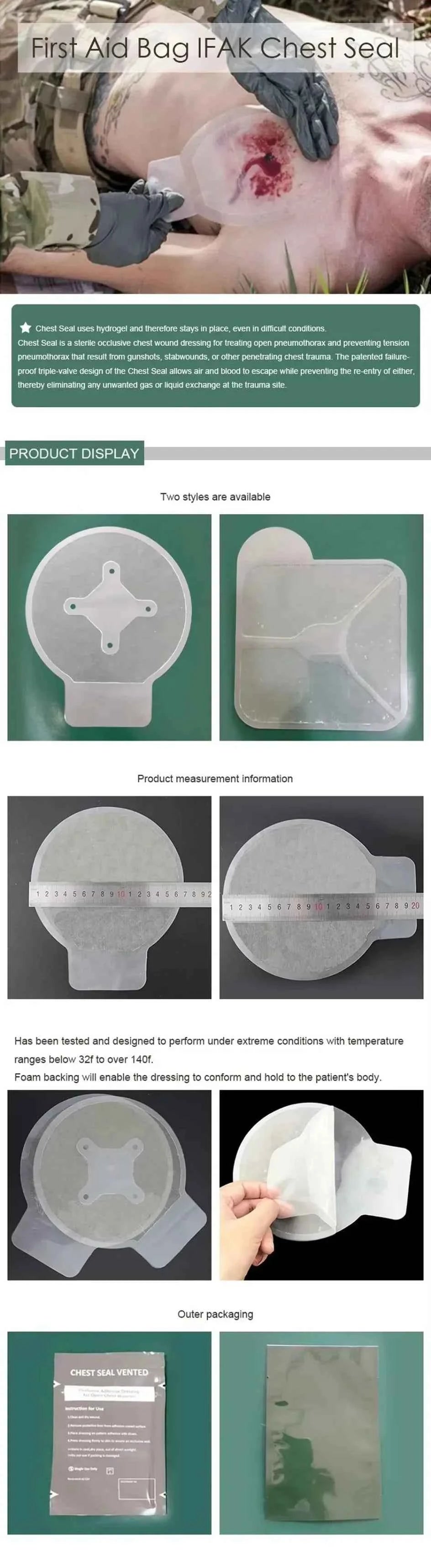 Chest Seal Wound Care for Emergency or Tactical Situations Advanced Adhesive Sterile Transparent Lightweight Vent Life-Saving