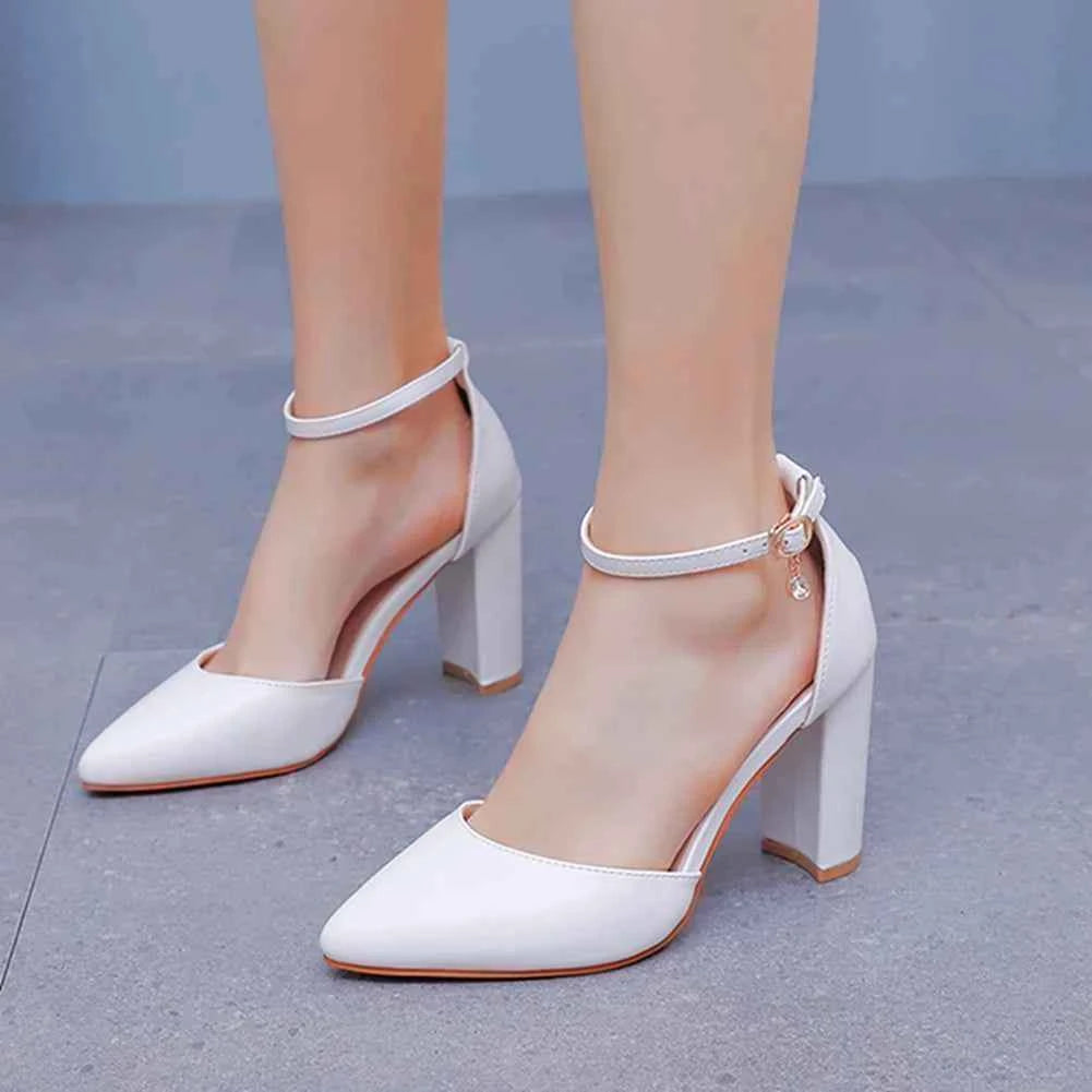 Crystal Queen Women 7CM Thick High Heels Sexy Pumps White Wedding Bride Shoes Pointed Toe Buckle Strap Sandals