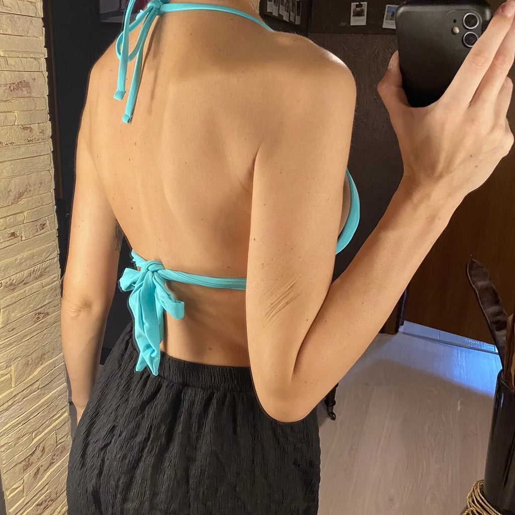 XS - XL New Sexy Push Up Bra Cup Halter Bikini Top Female Swimsuit Women Swimwear Bather Bathing Suit Swim Solid Beach Top V7019