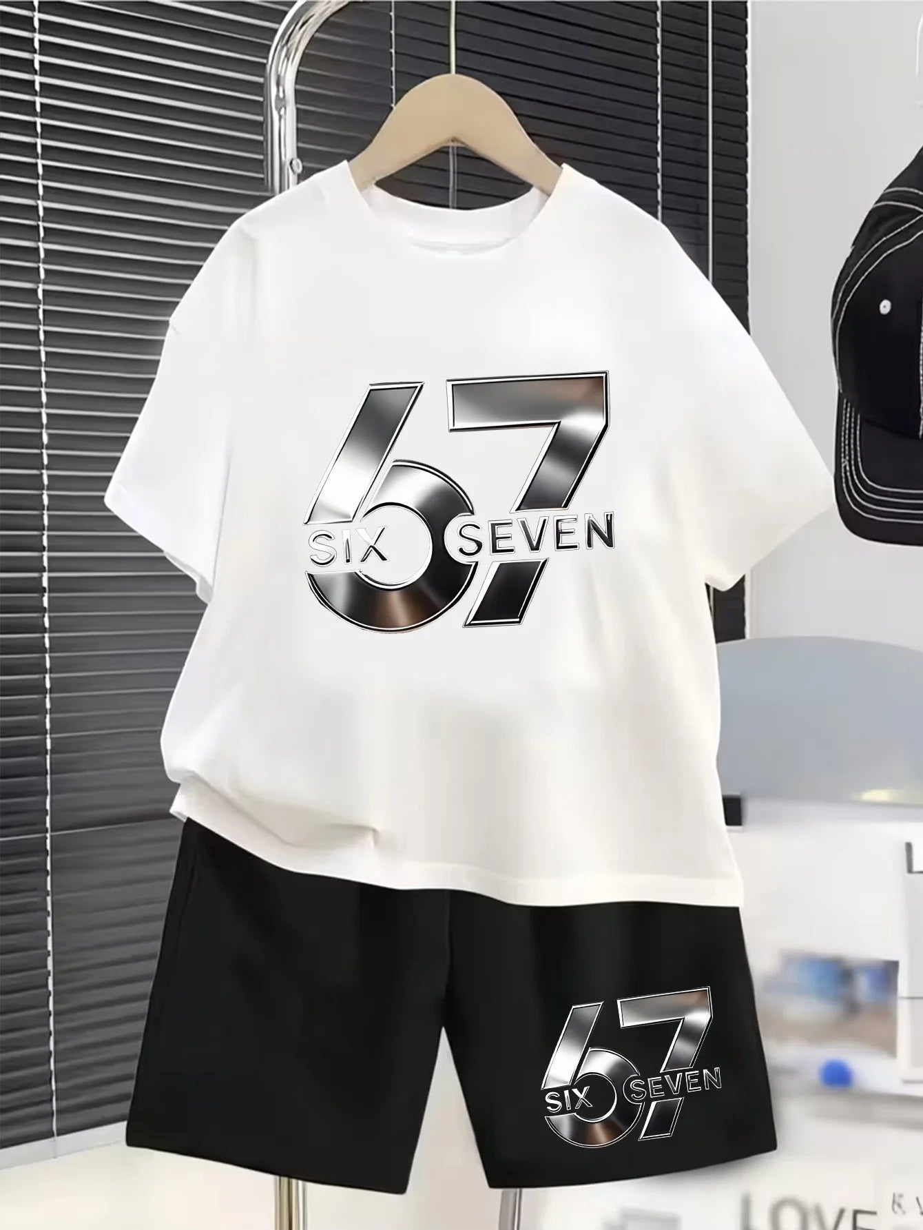 Boy And Girl 67 Six Seven Print Children's Set,Casual Fashionable Comfortable Versatile Short-Sleeved T-Shirt+Shorts 2-Piece Set