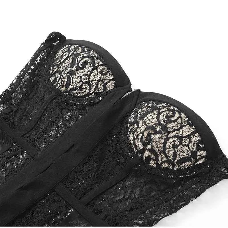 Sexy Women Black Lace Corset Vest Fashion See Through Hollow Out Strapless Top Chic Autumn 2025 New Party Lady High Street Vests