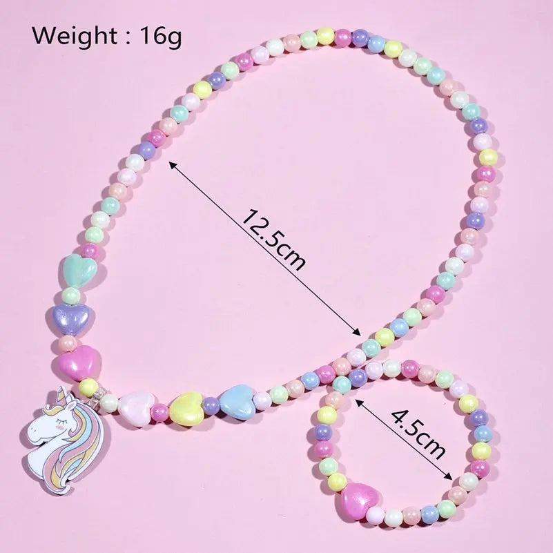 2pcs Colorful Cartoon Unicorn Flower Animal Child Sweater Necklace Bracelet Girl's Gifts Children's Jewelry Kids Toys