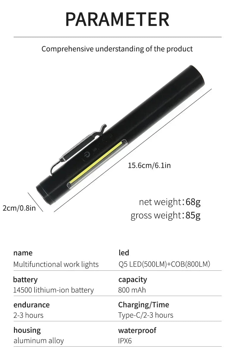 Mini USB Rechargeable LED Flashlights Portable Pocket Pen Clip light for Work Emergency Outdoors Waterproof Lantern with Magnet
