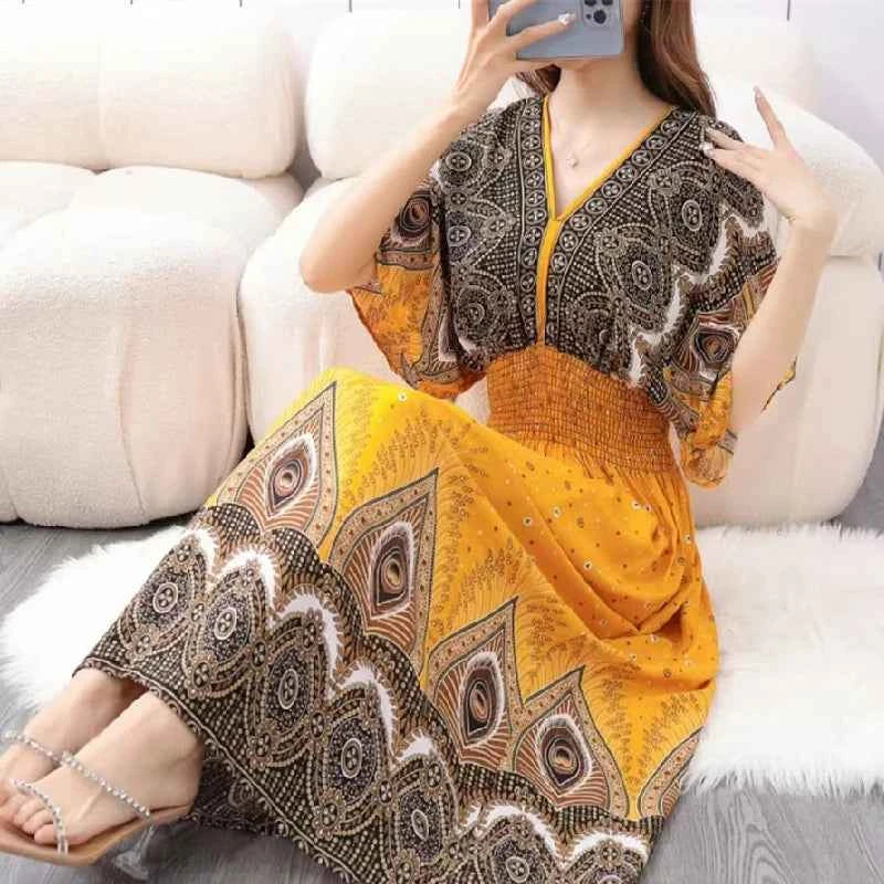 Colorful Flower V-neck Elastic Youthful Bohemian Sweet Midi Dress Woman Clothes Chic Fashion Summer Dresses 2025 Large Swing Ski