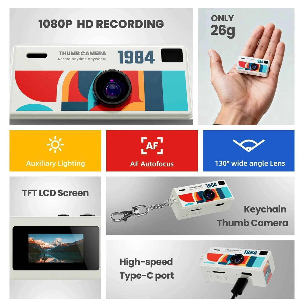 Thumb Camera 1080P FHD, 130° Wide-Angle Lens with AF Autofocus & Fill Light, Portable Mini Camera with TFT LCD Screen mini CCD