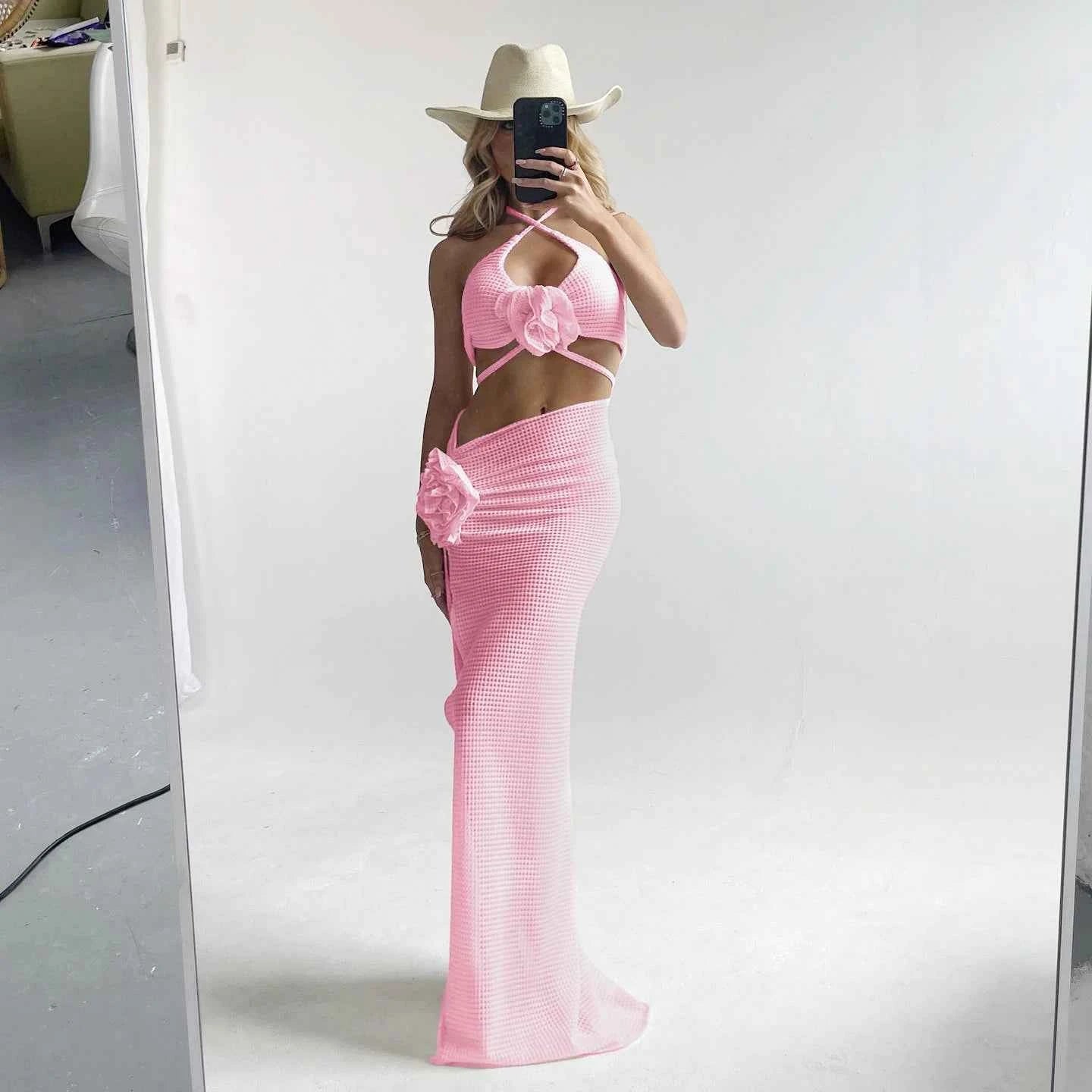 2025 3pack Bikini with Beach Skirt Swimwear Women 3D Flower Swimsuit Halter Bathing Suit Beachwear Bikini Set Biquini