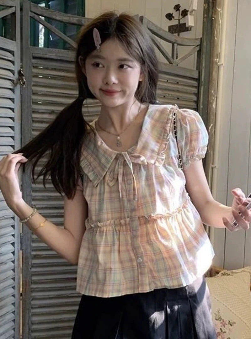 Preppy Style Sweet Plaid Shirt Women Summer Cute Peter Pan Collar Cropped Blouse Kawaii Casual Lace Up Lady Tops New