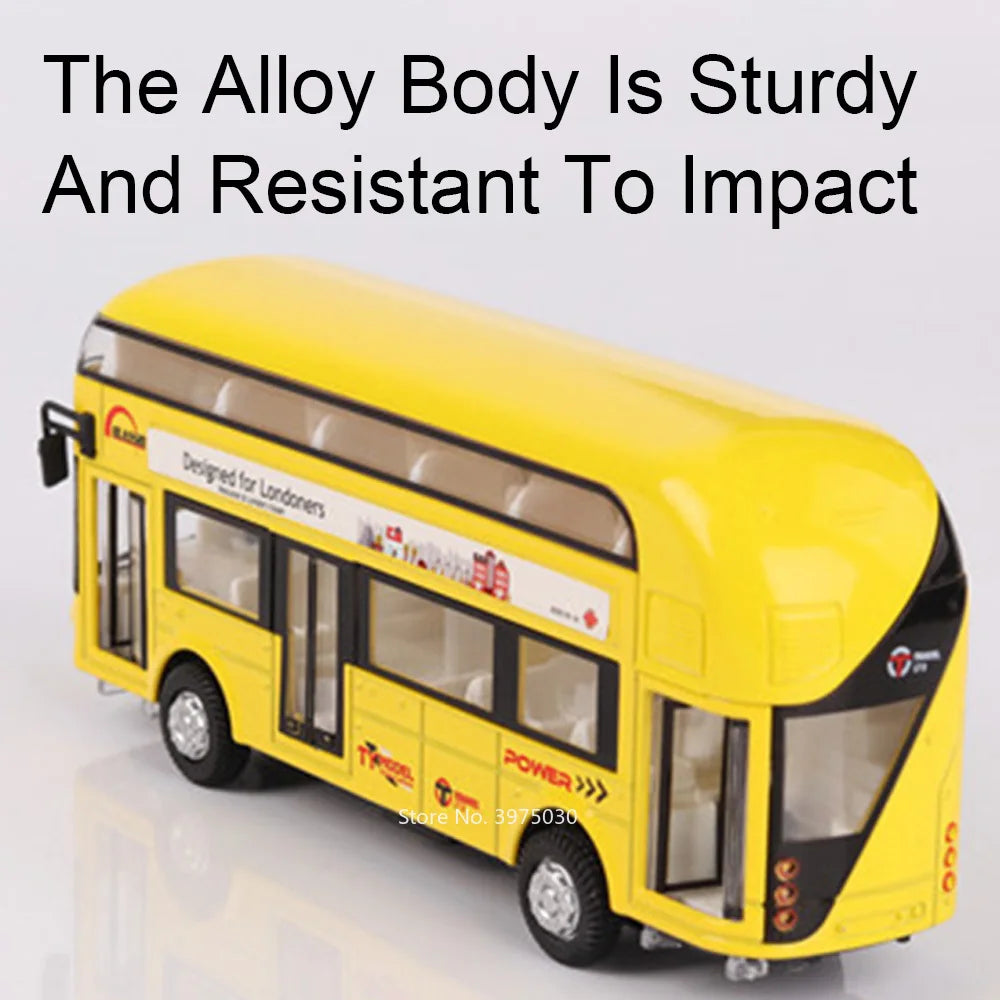 1/36 Scale Double Decker Bus Toy Car Model Alloy Diecast Sound Light Pull Back Doors Opened Vehicles Collectibles Birthday Gift