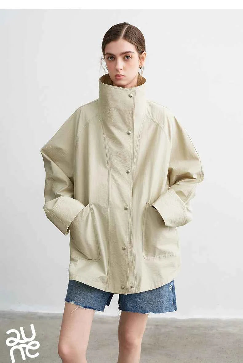 TOYOUTH Women's 2026 Spring New Loose Stand-Collar Utility-Style Lightweight Jacket Coat with Slub Wrinkle Texture