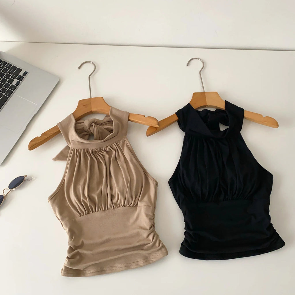 SINGREINY Office Lady Elastic Slim Tank Top Fashion Women Halter Sleeveless Lace Up Solid Short Camis Ruched Backless Sexy Top
