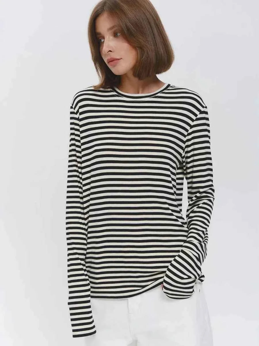 Bornladies Autumn New Fashion Women Cotton Striped Long Sleeve T Shirt Office Casual Simple Round Neck Pullover Tops & Tees