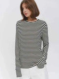 Bornladies Autumn New Fashion Women Cotton Striped Long Sleeve T Shirt Office Casual Simple Round Neck Pullover Tops & Tees