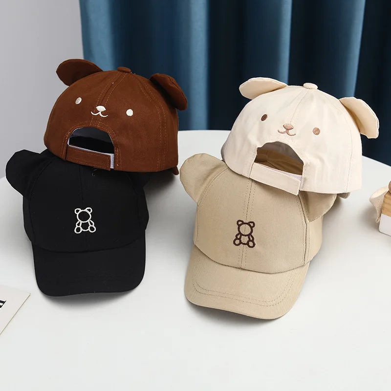 Cartoon Bear Baby Baseball Cap Cute Solid Color Toddler Sun Hat with Ears Summer Adjustable Kids Boy Girl Peaked Cap