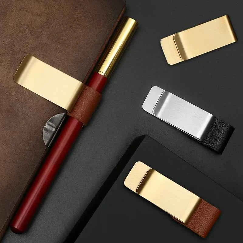 Handmade Leather Brass Stainless Steel Pen Holder Clip Journal Notebook Paper Folder Writing Office Supplies