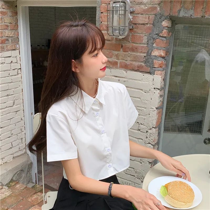 Oversize Cropped White Shirt Women Summer Short Sleeve Polo Neck Button Down Basic Short Sleeve Shirts Korean Female Blouses
