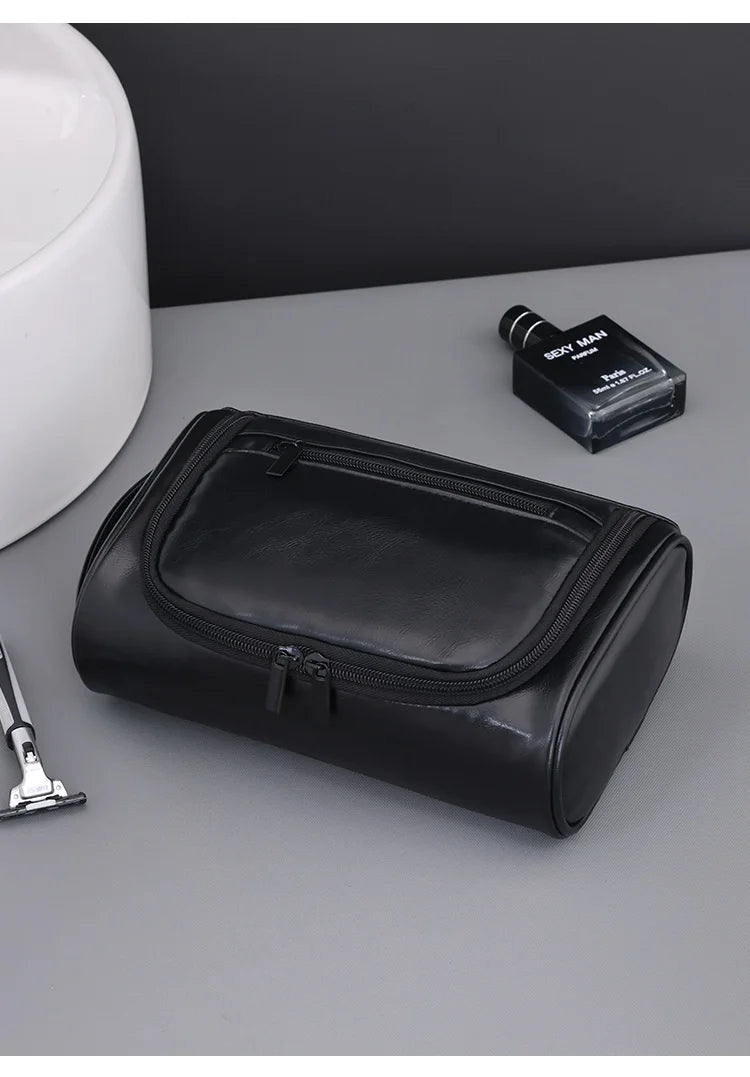 Large Capacity Men Leather Wash Bag Travel Business Trips Portable Cosmetic Bag Multi Pocket Design Handheld Leather Wash Bag LI