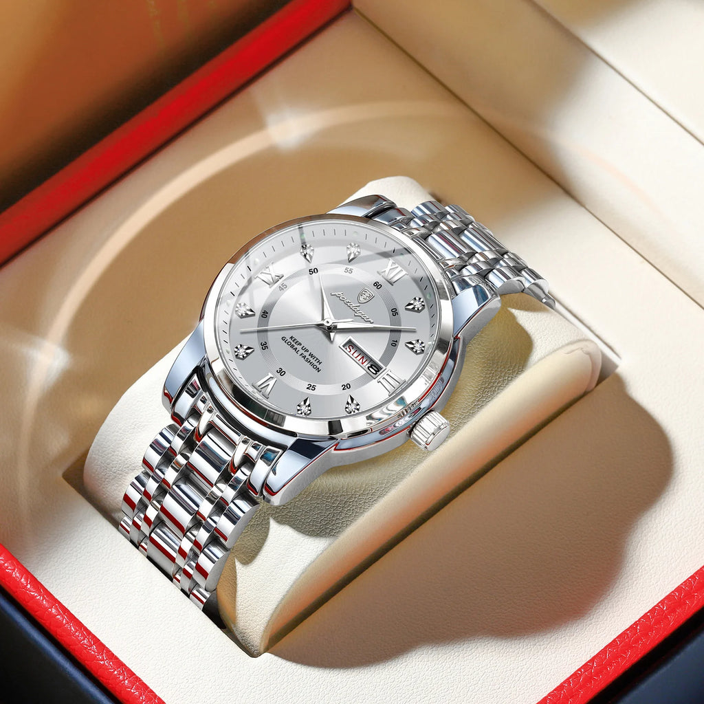 POEDAGAR Original Classic Man Watch Waterproof Luminous Date Week Watches for Men Quartz Stainless Steel Luxury Men's Wristwatch